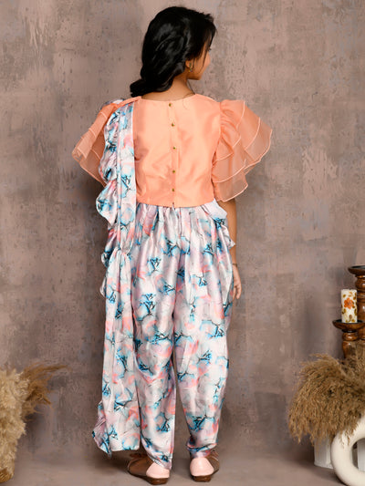 Stylish Blouson Top with Floral Printed Dhoti Set