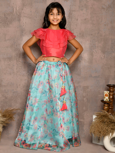 Frilled Sleeveless Choli with Floral Lehenga Set