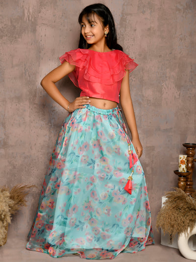 Frilled Sleeveless Choli with Floral Lehenga Set