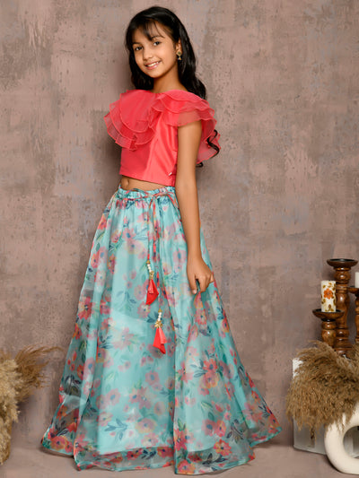 Frilled Sleeveless Choli with Floral Lehenga Set