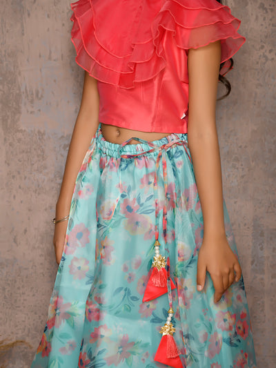 Frilled Sleeveless Choli with Floral Lehenga Set