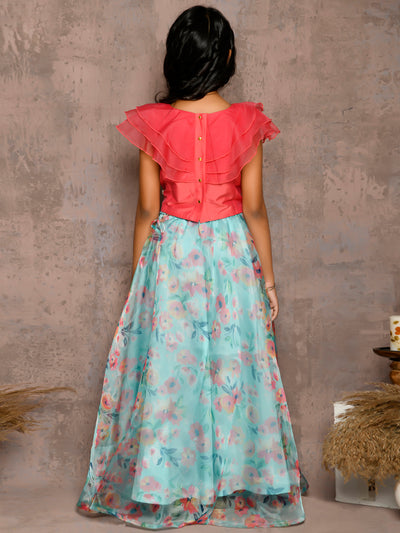 Frilled Sleeveless Choli with Floral Lehenga Set